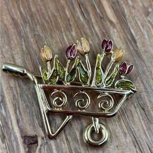 Tulip Flower Wheelbarrow Vintage Enamel Gold Tone Brooch